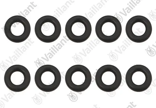 Zehn schwarze O-Ringe auf weißem Hintergrund, hergestellt von Vaillant, in kreisförmiger Form ohne erkennbare Maße oder spezifische Bezeichnungsvermerke.